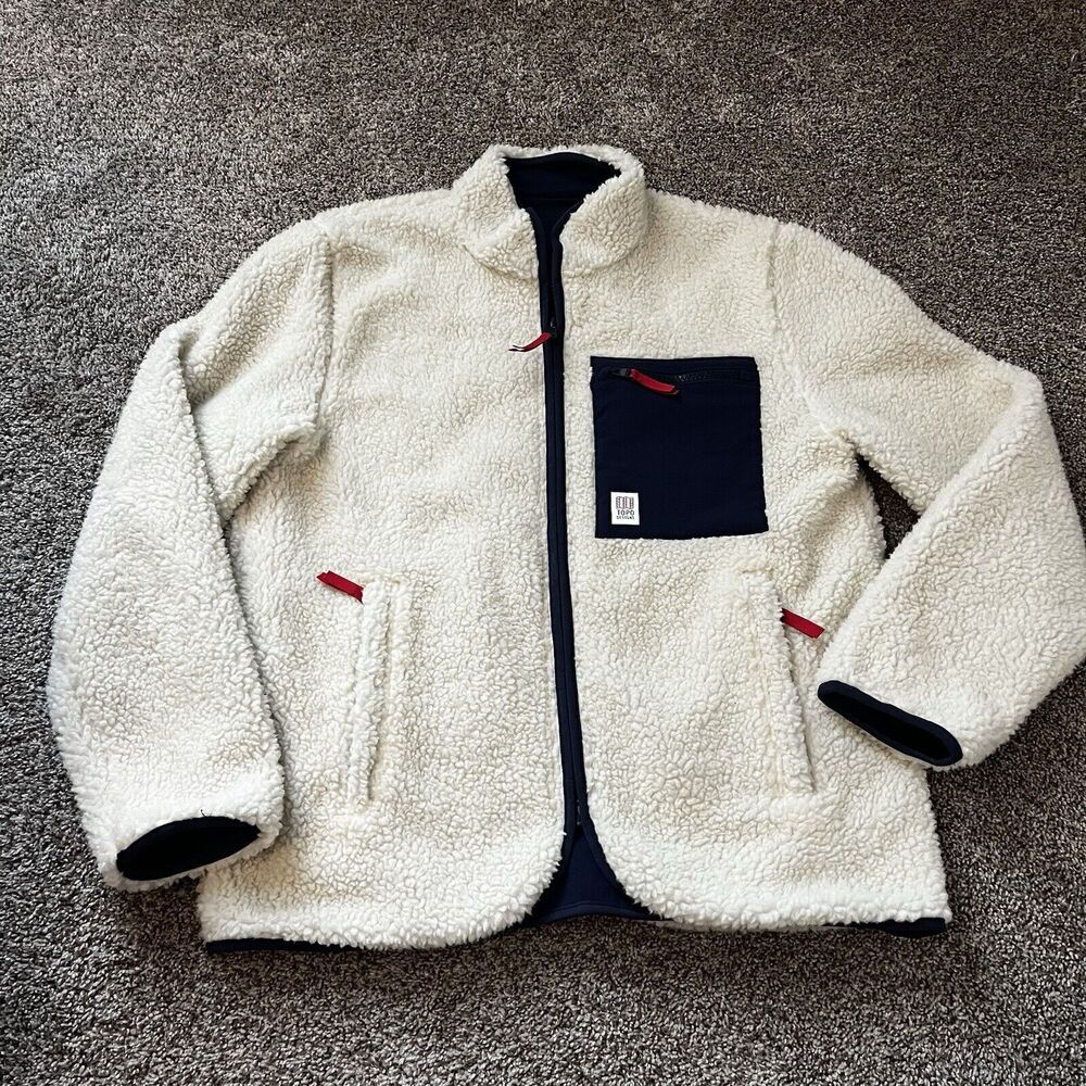 Topo Designs Reversible Sherpa Jacket Mens Small Cream Navy Blue Full Zip